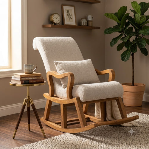 Cream Boucle Upholstered Wooden Rocking Chair - image 2