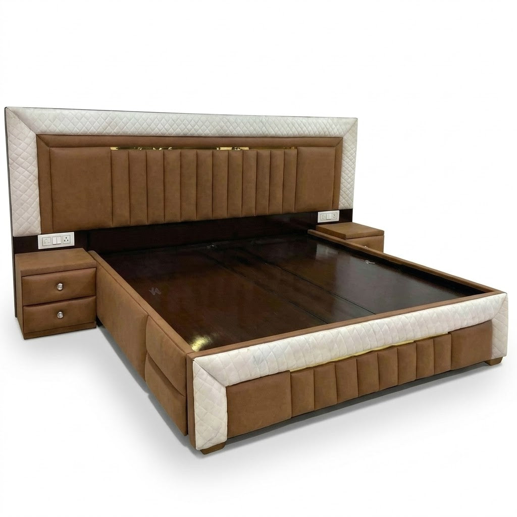 Beige Channel-Tufted Storage Bed with Drawer