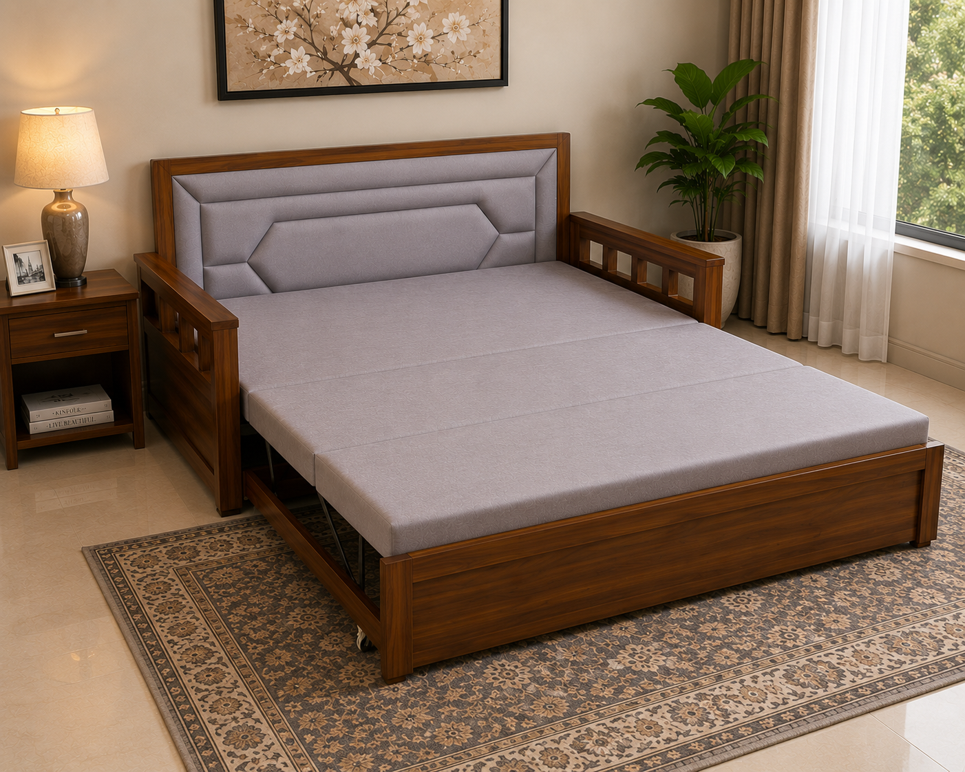 Grey Diamond-Quilted Sofa cum Bed with Storage - image 3