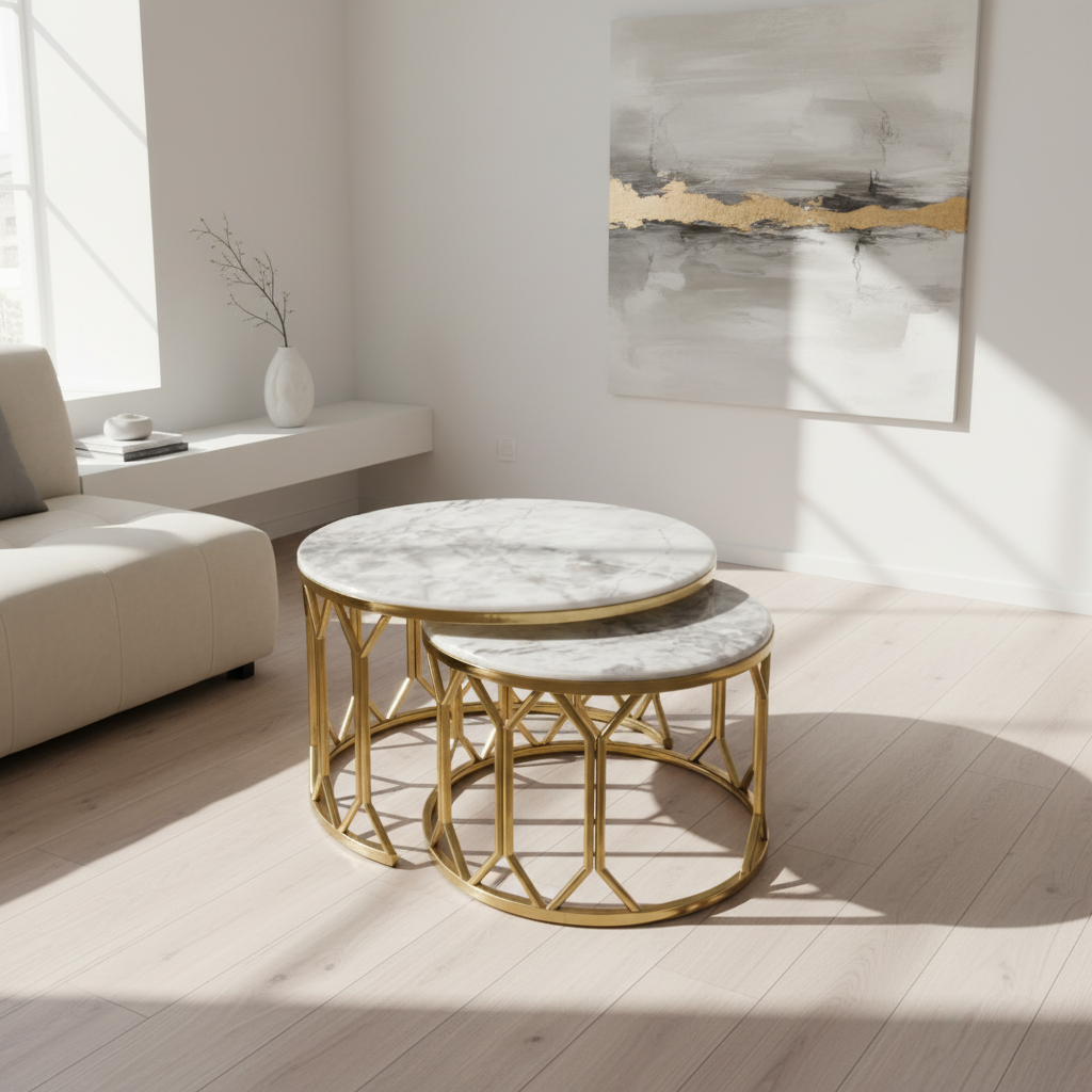 Round Marble-Top Coffee Table with Black Metal Base – Model 108 - image 1
