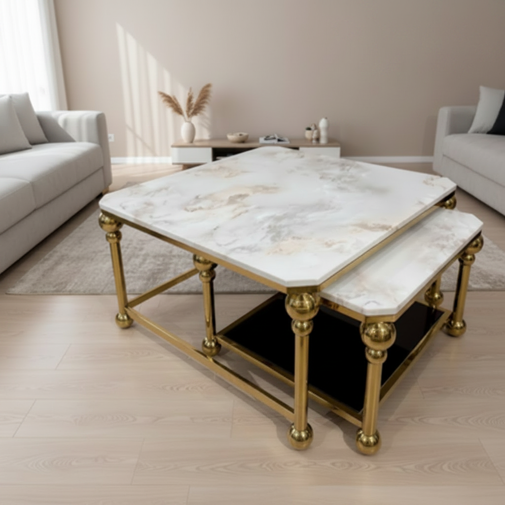 Marble-Top Nesting Table Set with Gold Base – Model 110 - image 1