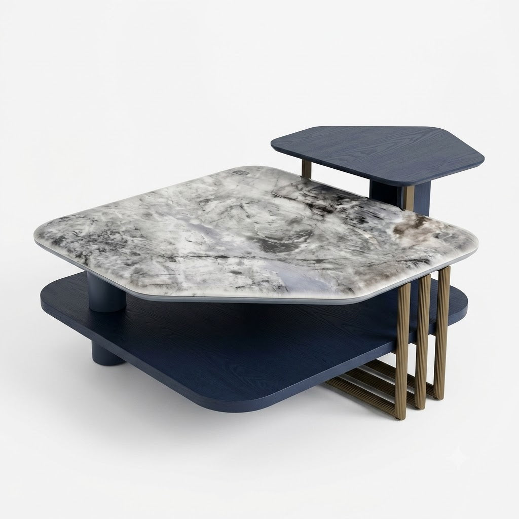 Grey Marble Coffee Table with Navy Raised Shelf - image 1