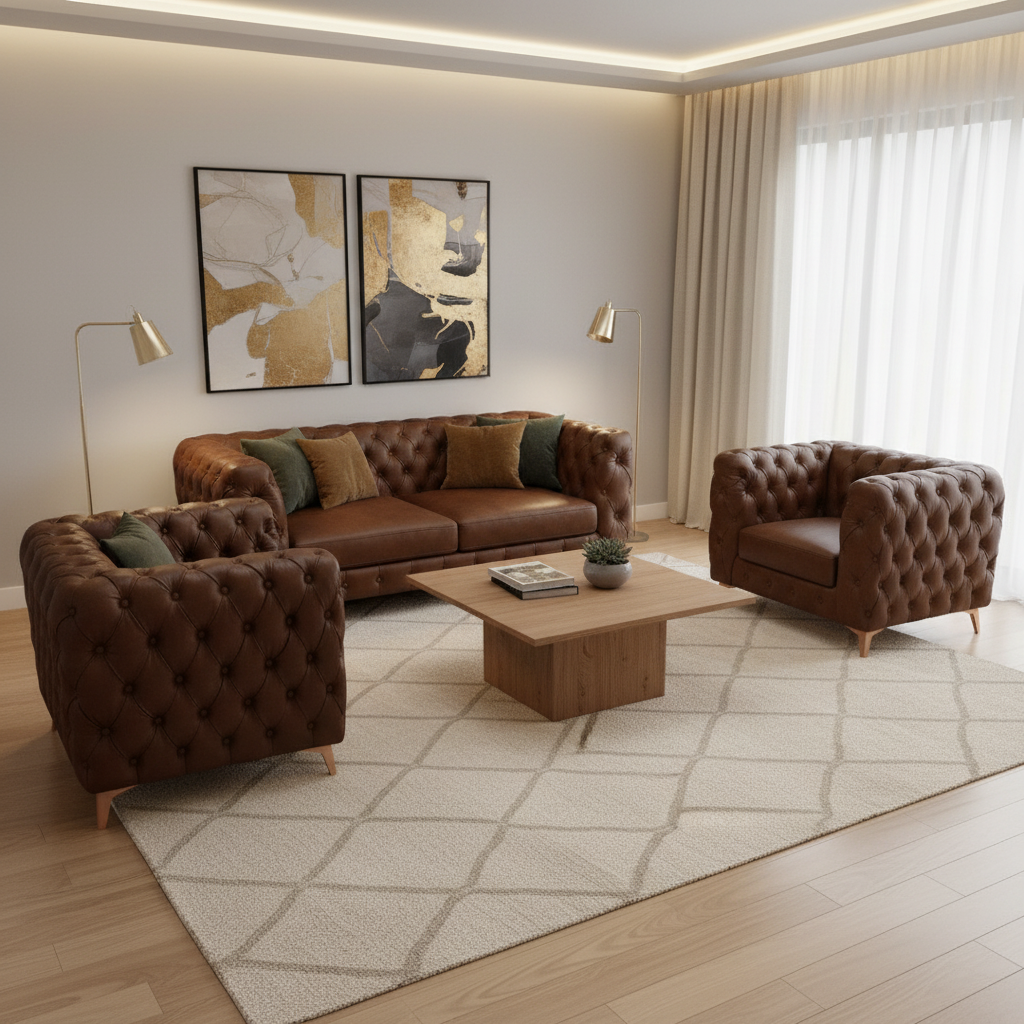 Brown Leather Chesterfield Sofa and Armchair Set
