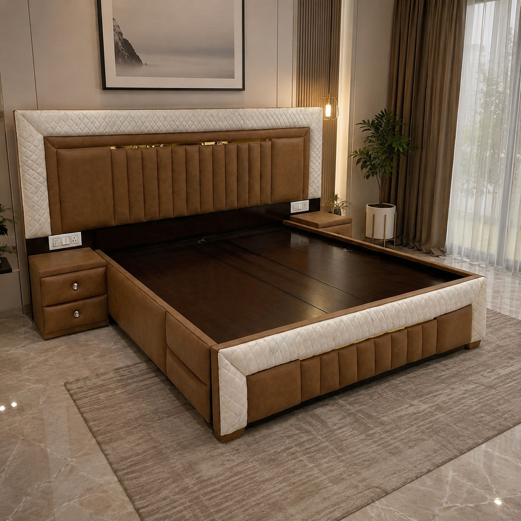 Beige Channel-Tufted Storage Bed with Drawer