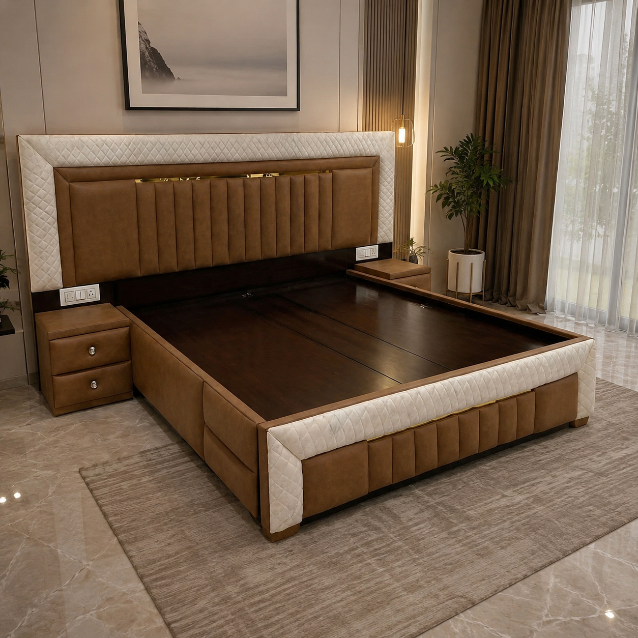 Beige Channel-Tufted Storage Bed with Drawer