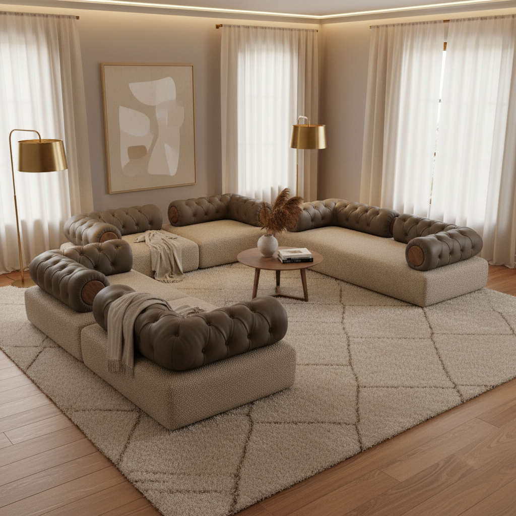 Taupe Button-Tufted Modular 3+2+2 Sofa