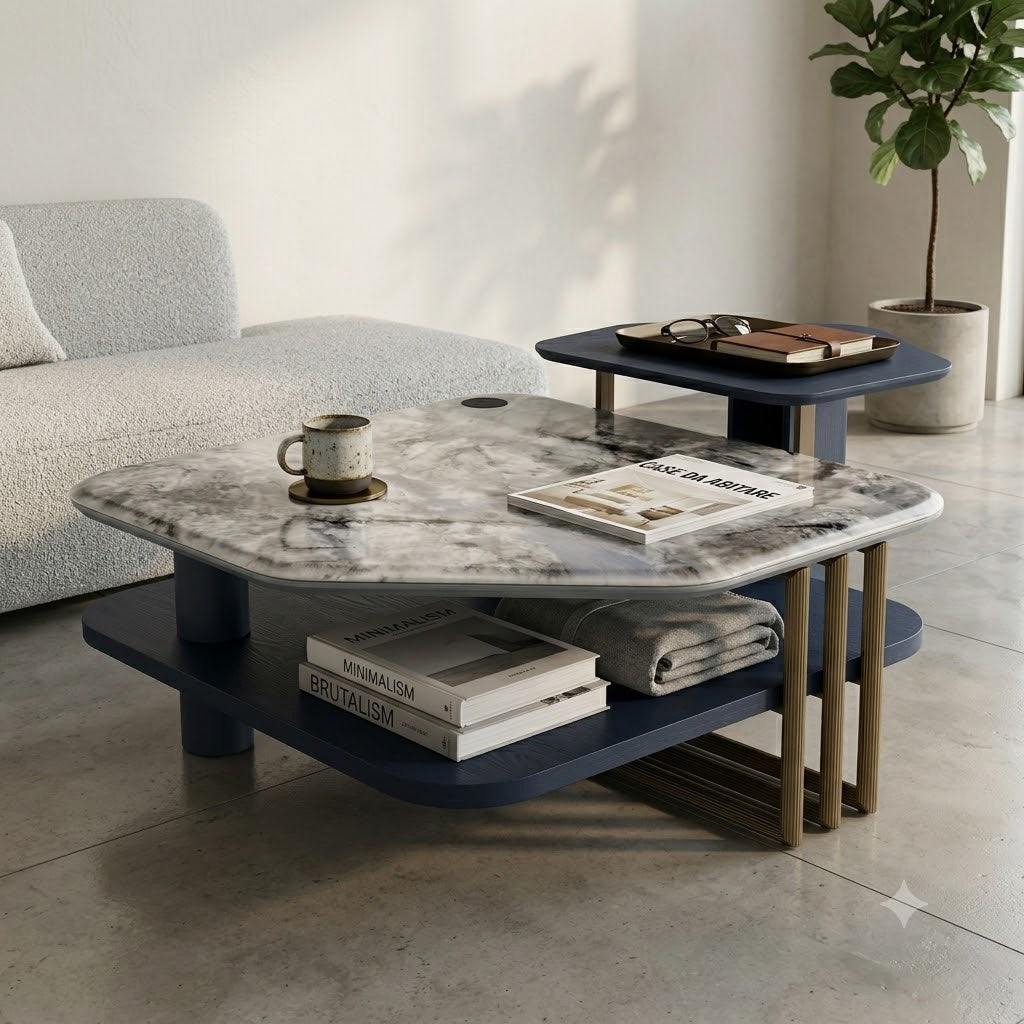 Grey Marble and Navy Two-Tier Coffee Table - image 1