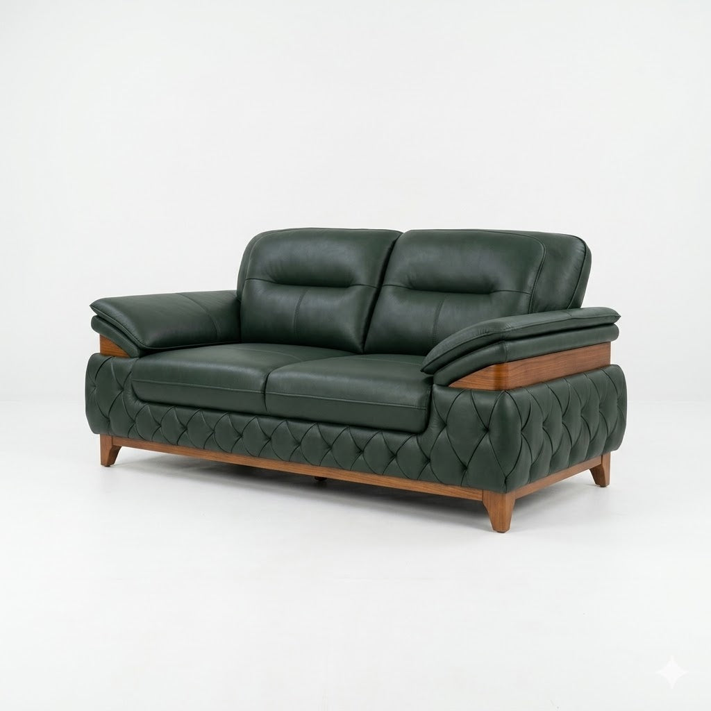 Dark Green Leather Classic Recliner-Style Sofa - image 1