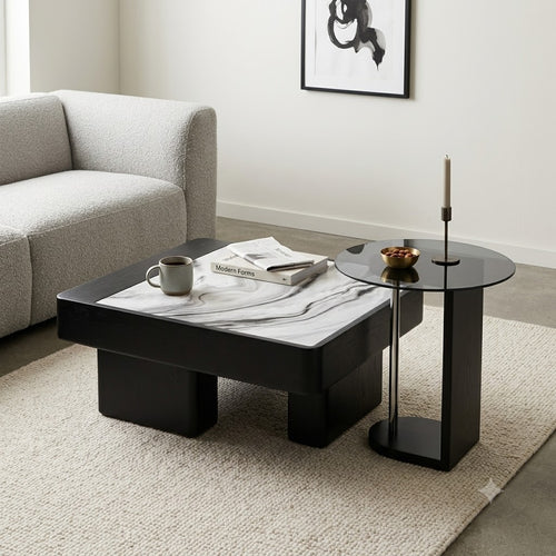 Black Marble Storage Coffee Table with Glass Side Table - image 2