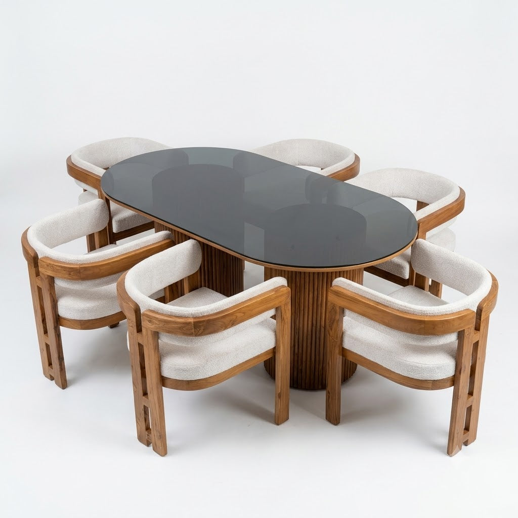 Oval Glass-Top Dining Table with 6 Boucle Chairs - image 1