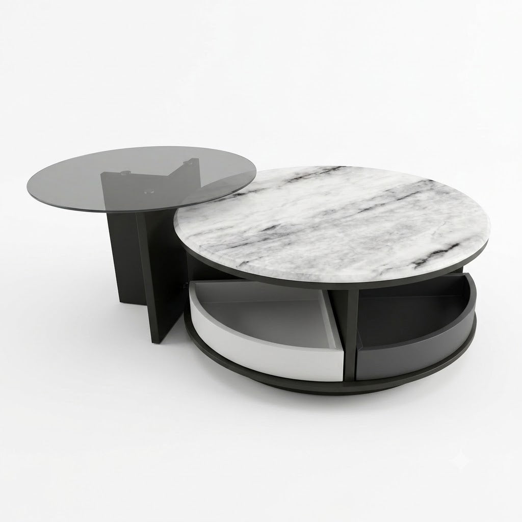 Round Two-Tier Coffee Table with Marble and Smoked Glass - image 1
