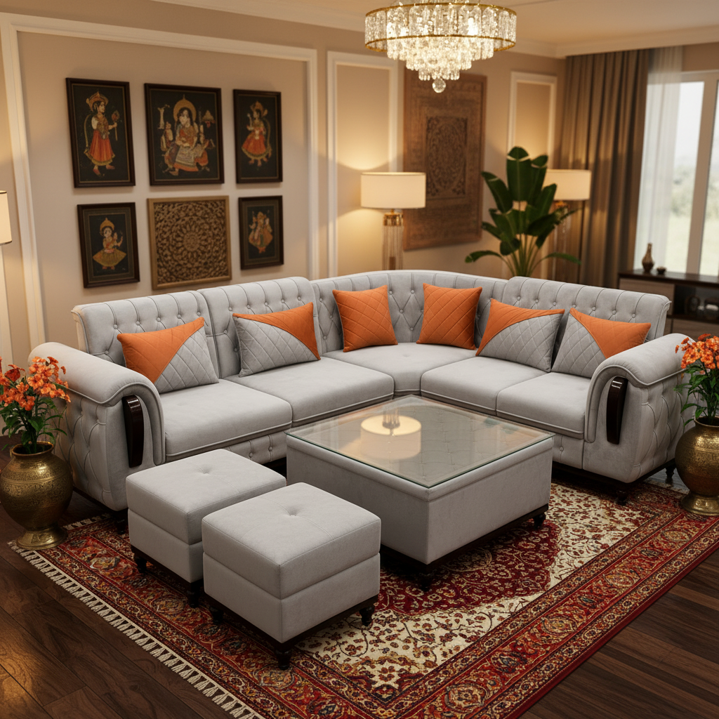 Light Grey L-Shaped Sectional Sofa Set with Ottomans - image 1