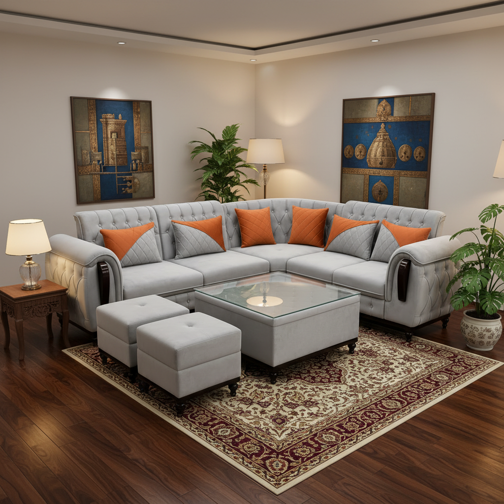 Light Grey L-Shaped Sectional Sofa Set with Ottomans