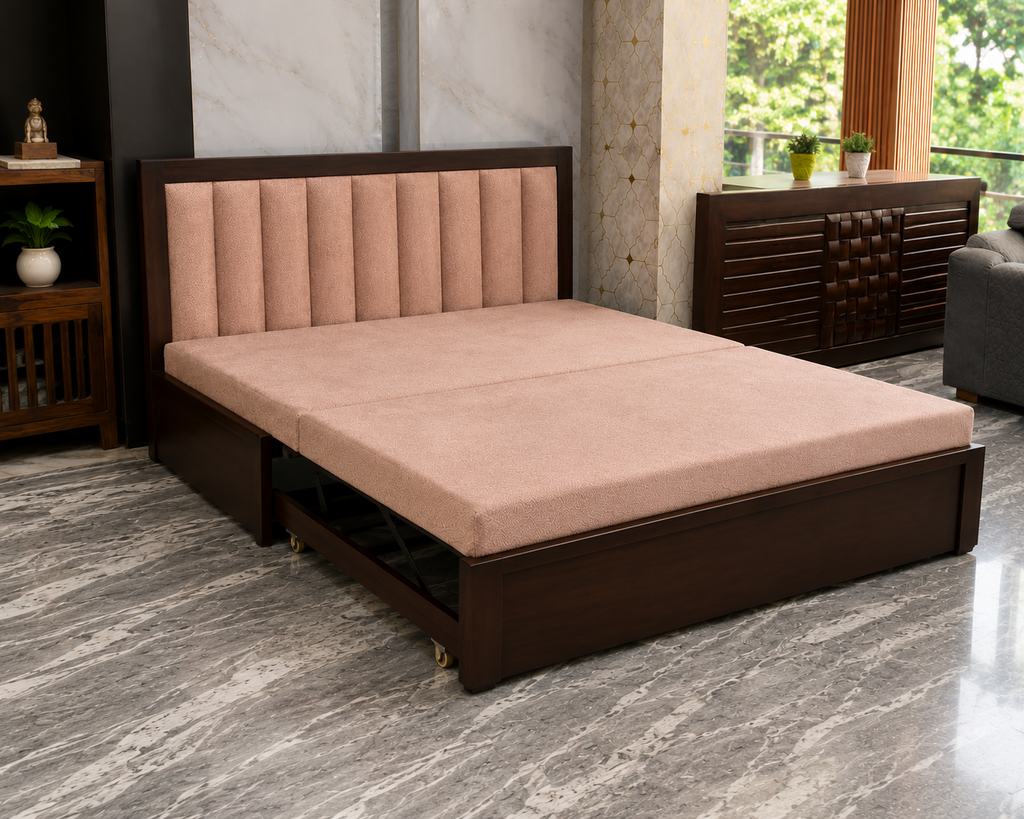 Peach Channel-Tufted Sofa cum Bed - image 3