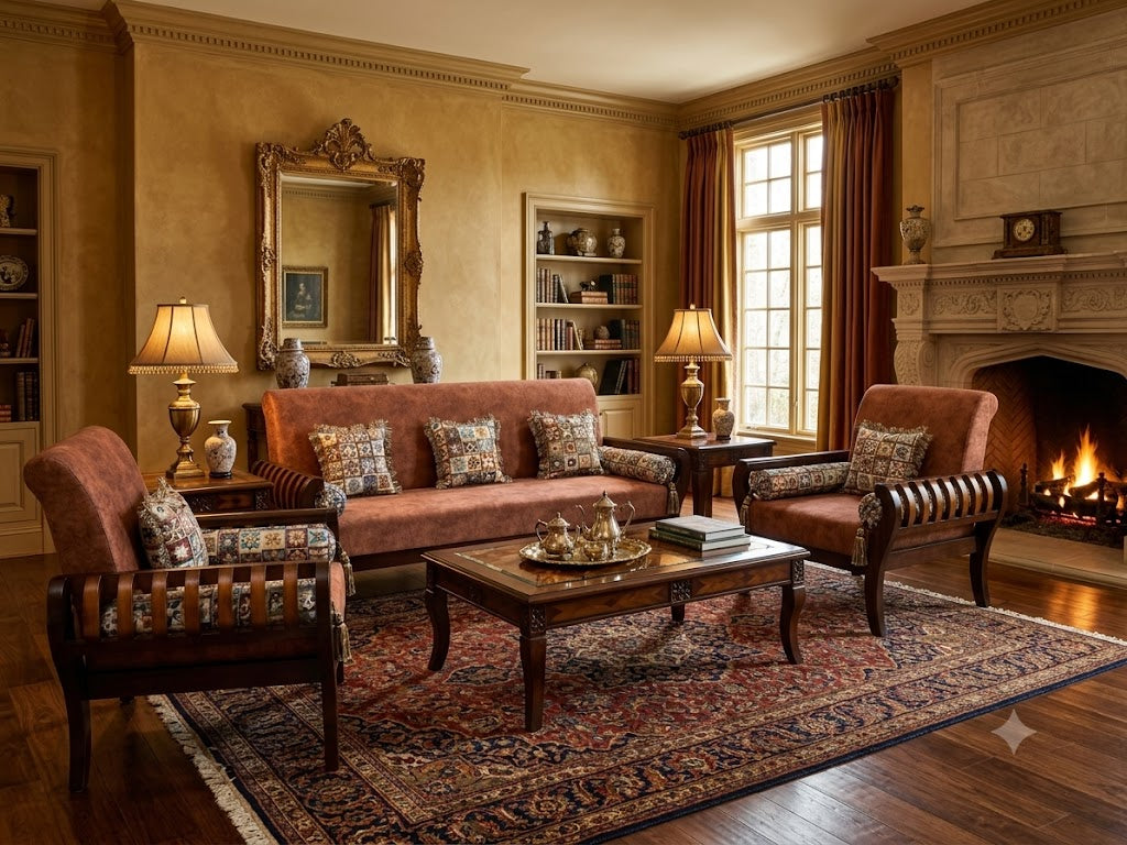 Mauve Carved-Wood Sofa Set (3+1+1) - image 2
