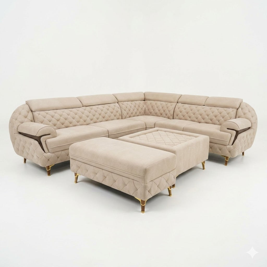 Beige L-Shaped Sectional Sofa Set with Ottoman - image 1