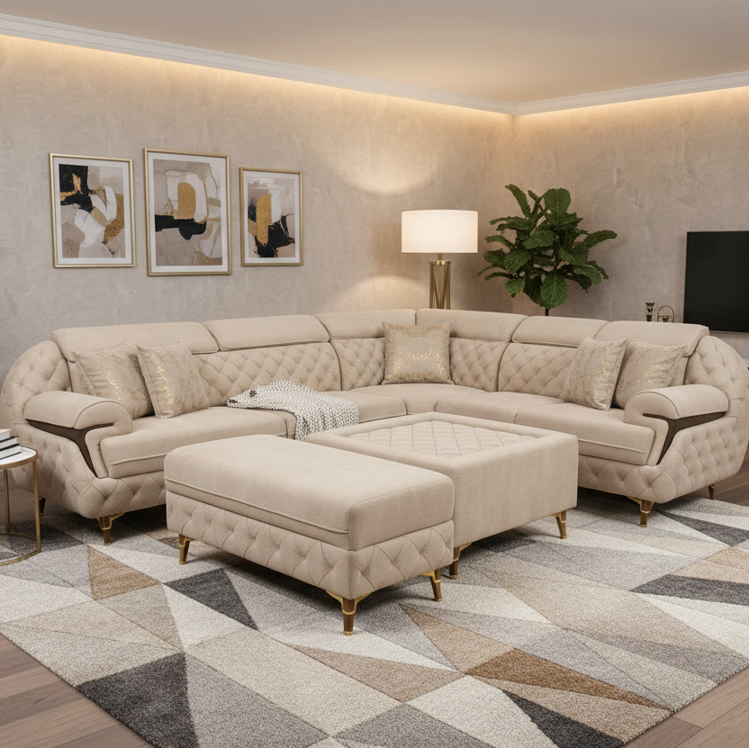 Beige L-Shaped Sectional Sofa Set with Ottoman - image 1
