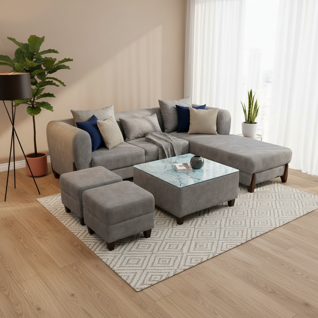 Grey L-Shaped Sectional Sofa Set with Puffies and table