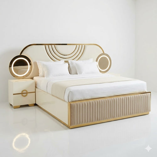 Cream Art-Deco Bed with Gold Ring Accent and Nightstand - image 2