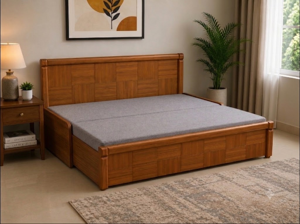 Grey Parquet-Panel Sofa cum Bed with Storage