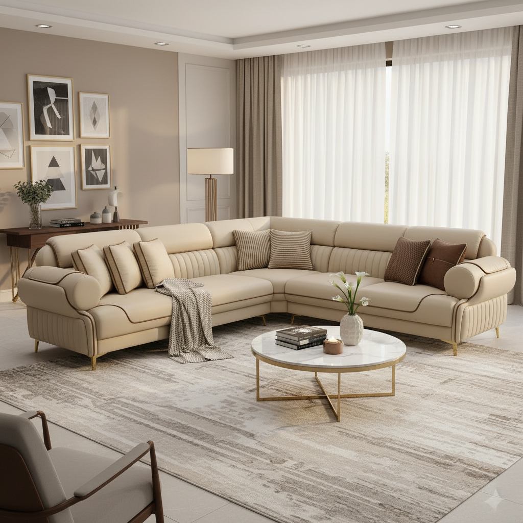 Cream Leather L-Shaped Sectional Sofa