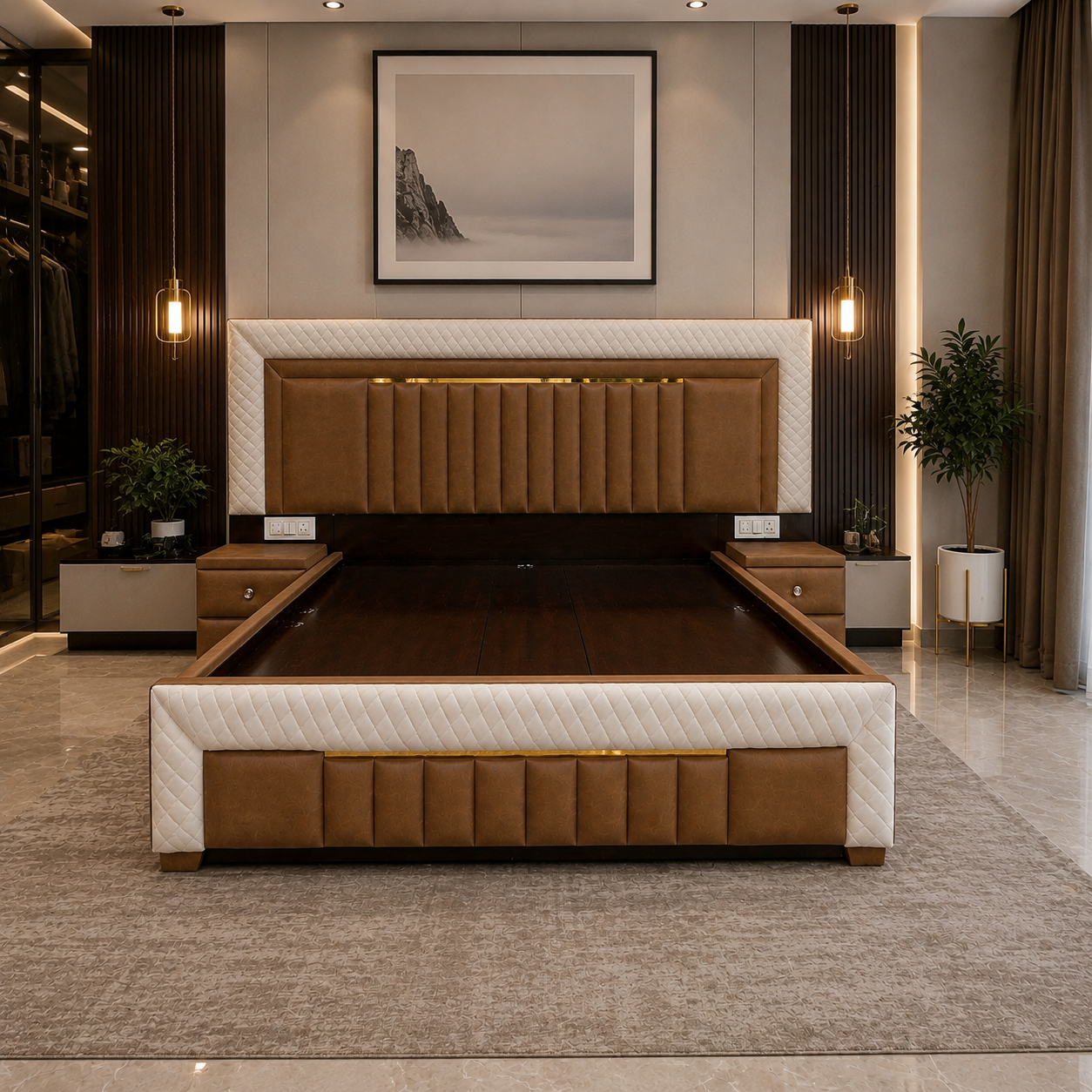 Beige Channel-Tufted Storage Bed with Drawer