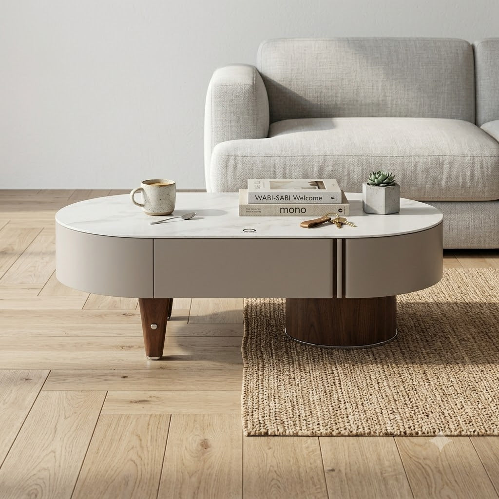 Oval Marble Coffee Table with Storage Drawer - image 2