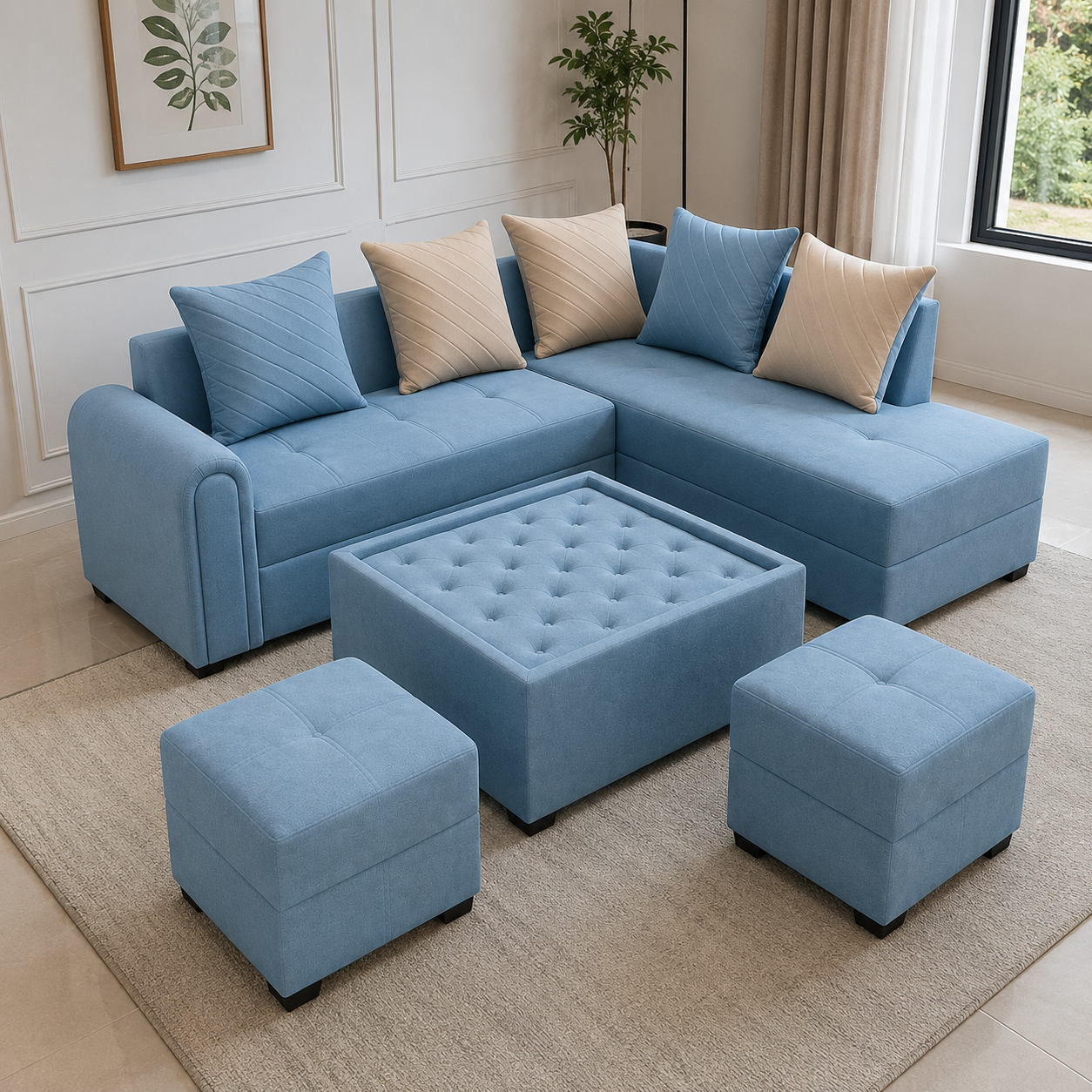 sky blue Sectional Sofa with  Ottomans