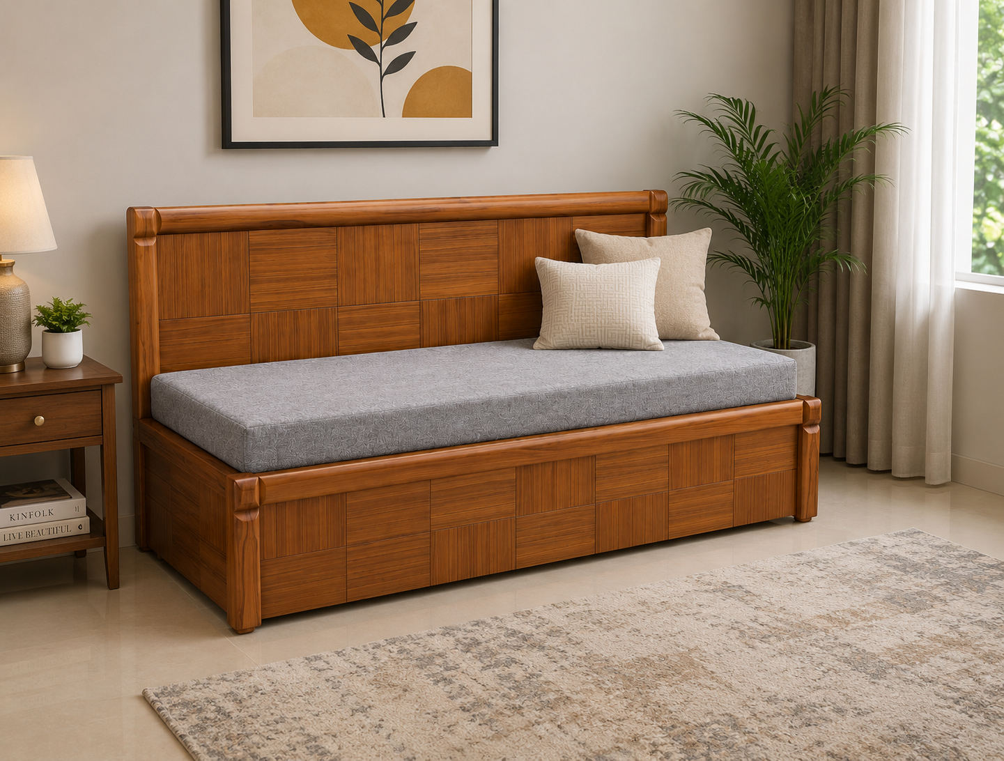 Grey Parquet-Panel Sofa cum Bed with Storage - image 2