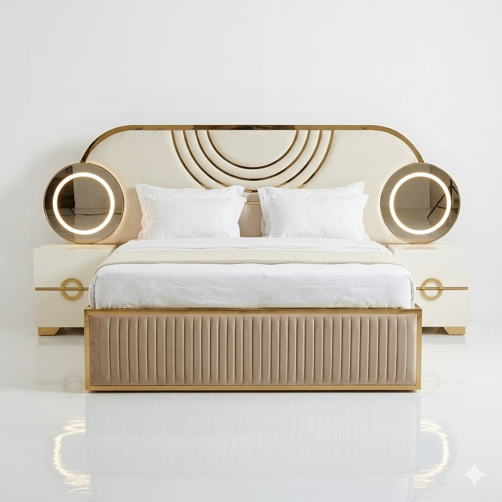 Cream Art-Deco Bed with Gold Ring Accent and Nightstand - image 2