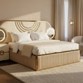 Cream Art-Deco Bed with Gold Ring Accent and Nightstand - image 1