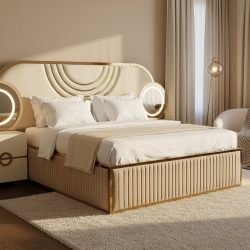 Cream Art-Deco Bed with Gold Ring Accent and Nightstand - image 1