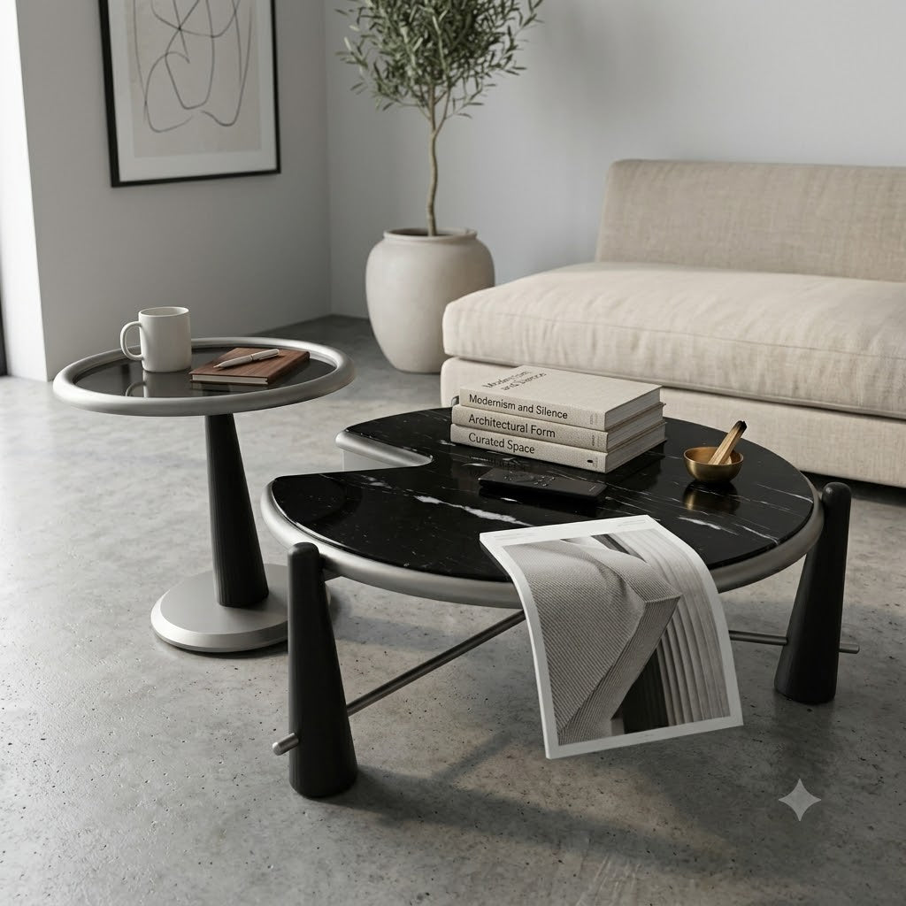 Smoked Glass and Black Marble Side Table Duo - image 2