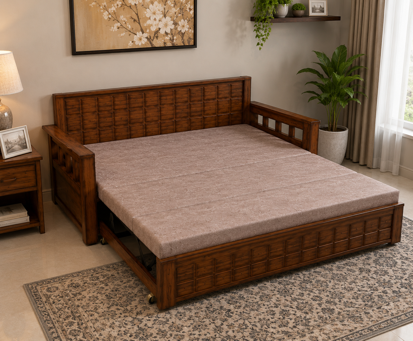 Beige Lattice-Panel Wooden Sofa cum Bed - image 3