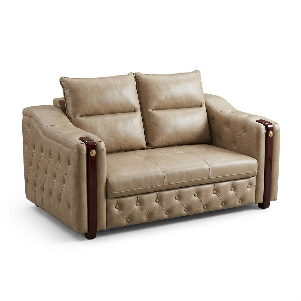 Taupe Leather Button-Tufted Chesterfield-Style Loveseat - image 1