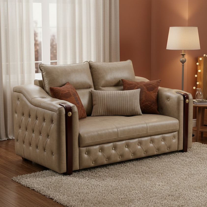 Taupe Leather Button-Tufted Chesterfield-Style Loveseat