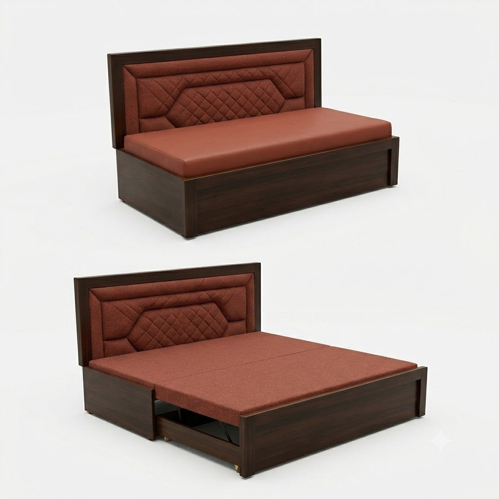 Rust Diamond-Quilted Sofa cum Bed with Storage - image 1