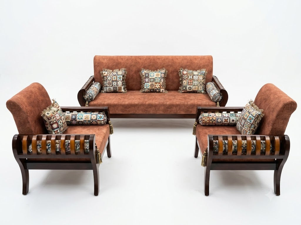 Rust Orange Carved-Wood Sofa Set (3+1+1) - image 1
