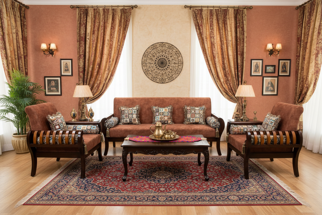 Rust Orange Carved-Wood Sofa Set (3+1+1)