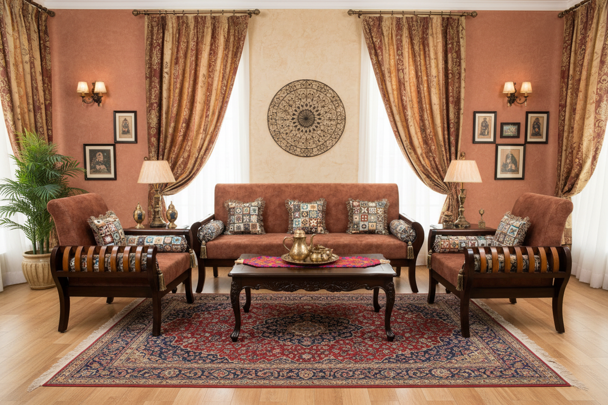 Rust Orange Carved-Wood Sofa Set (3+1+1)