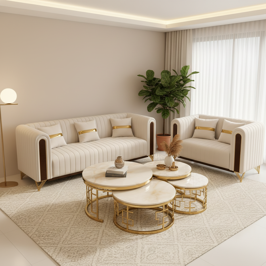 Cream Tufted Sofa and Armchair Set without tables
