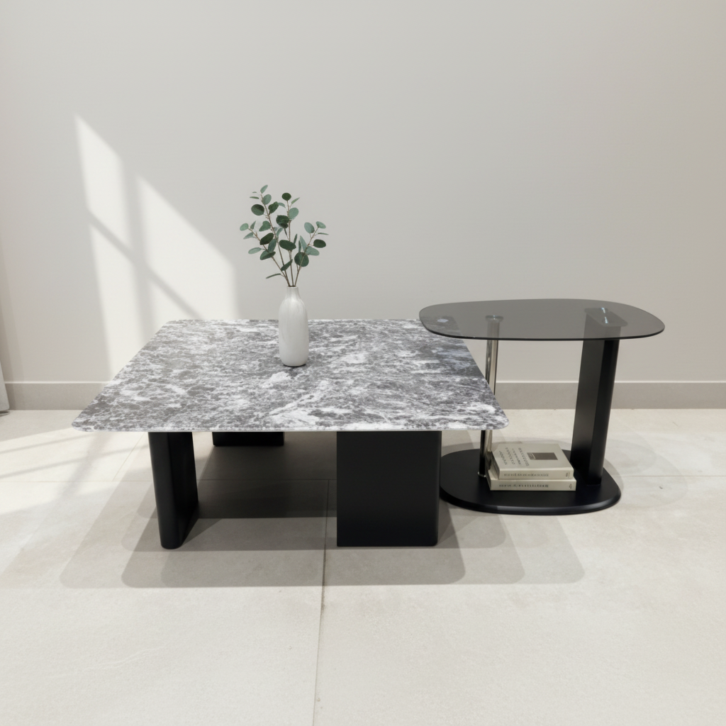 Marble-Top Nesting Table Set with Gold Base – Model C-3917 - image 1