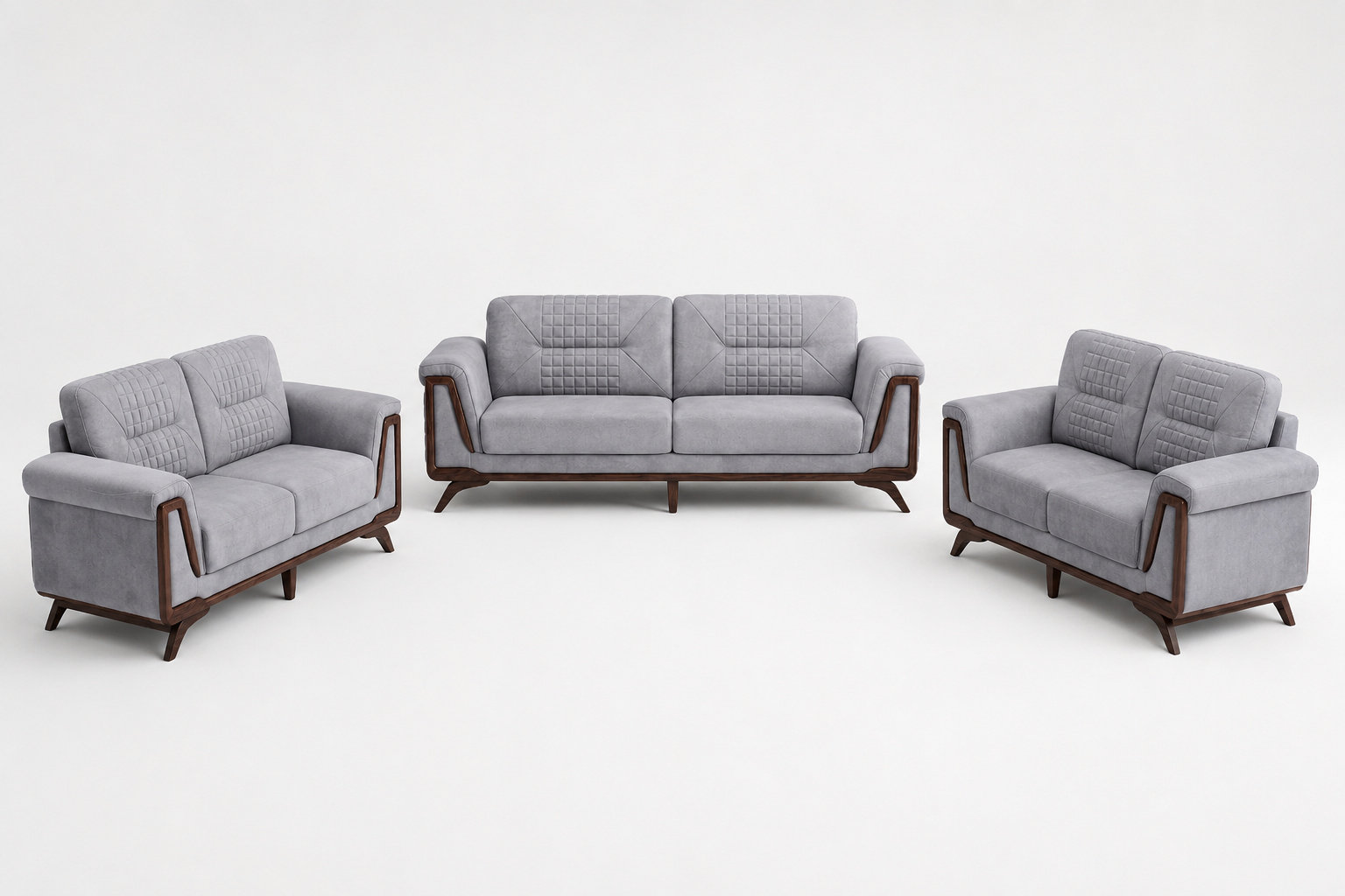 Grey Woven Diamond-Stitched Mid-Century Sofa