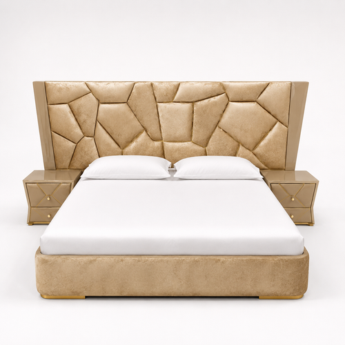 Beige Stone-Pattern Scalloped Glam Bed - image 1