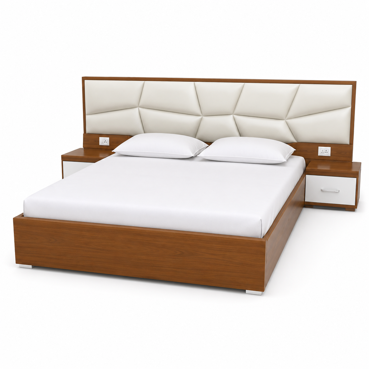 White Diamond-Tufted Leather Teak Bed with Nightstands - image 1