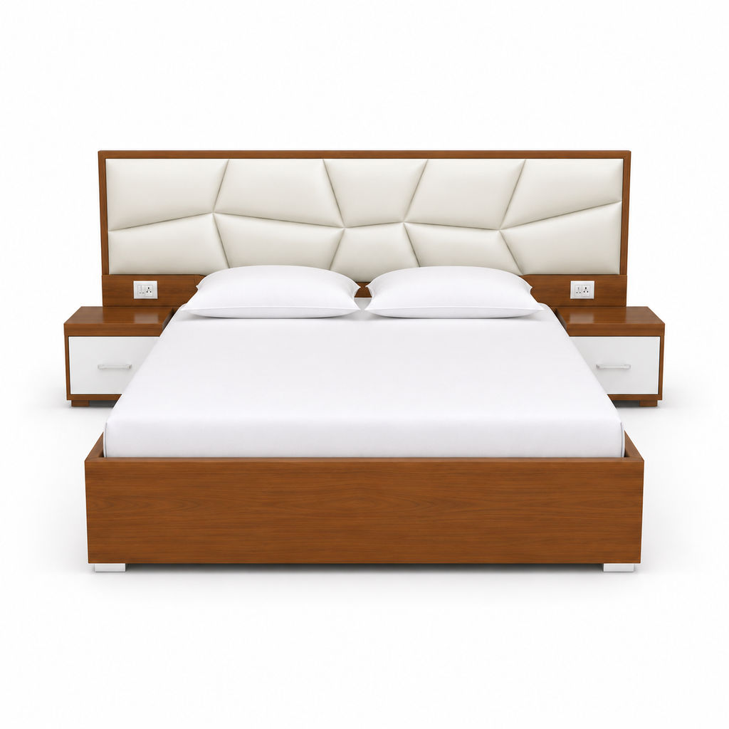 White Diamond-Tufted Leather Teak Bed with Nightstands - image 2