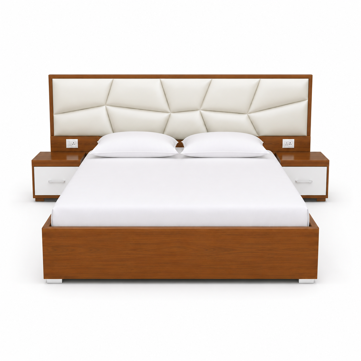White Diamond-Tufted Leather Teak Bed with Nightstands - image 2