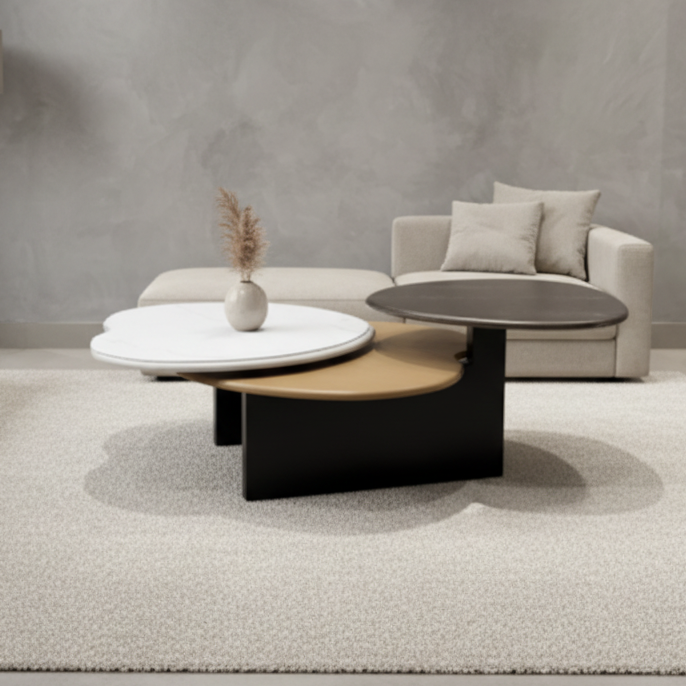 Oval Marble-Top Coffee Table with Wood Base – Model F-16 - image 1