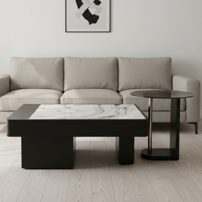 Rectangular Marble-Top Coffee Table with Black Metal Base – Model F-56 - image 1