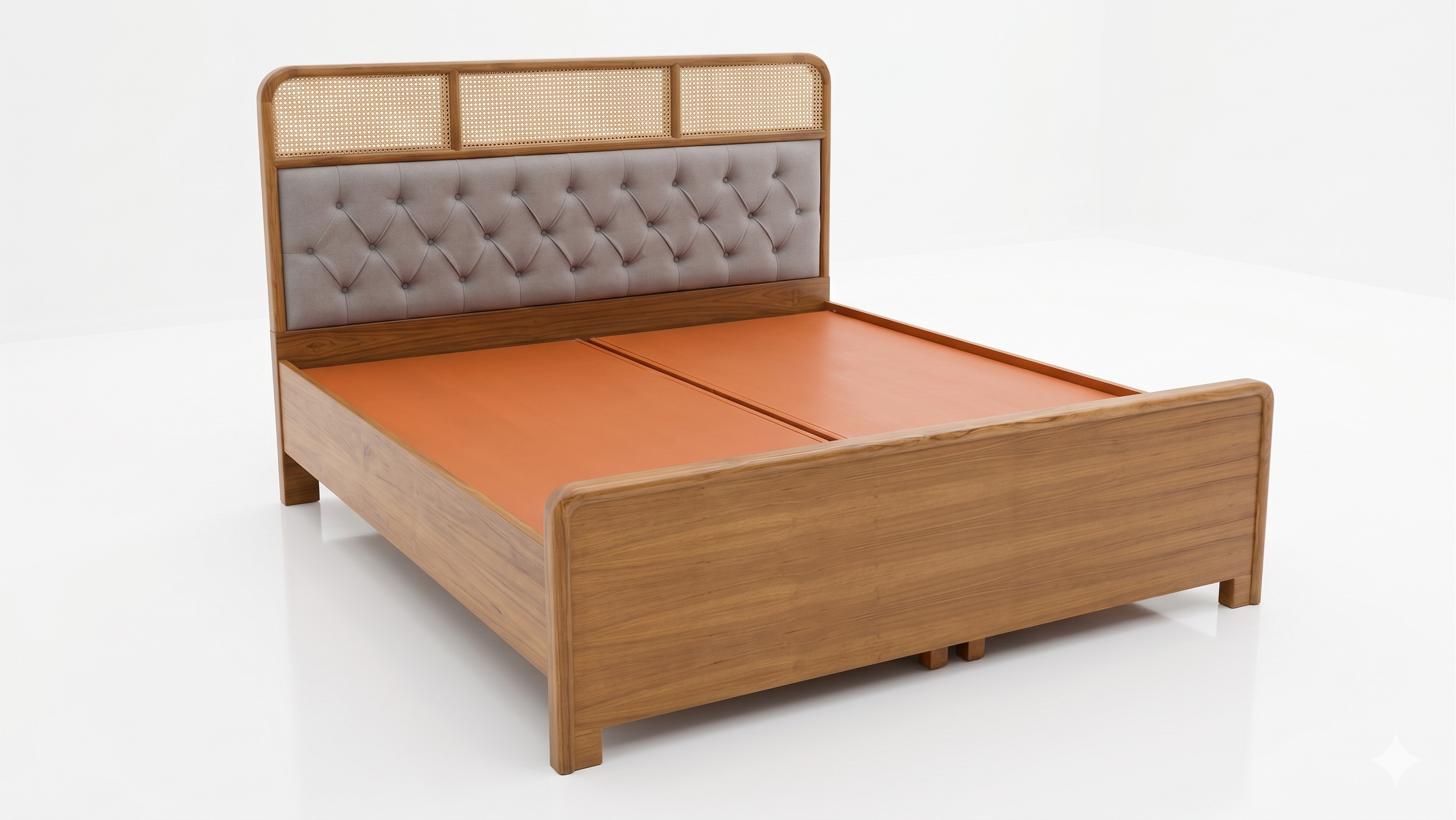 Cane Lattice and Tufted Panel Wooden Bed - image 1